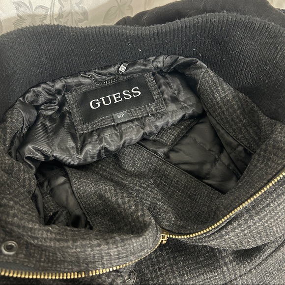 GUESS Grey Black Leather & Wool Blend Plaid Zip Up Coat - Picture 14 of 14